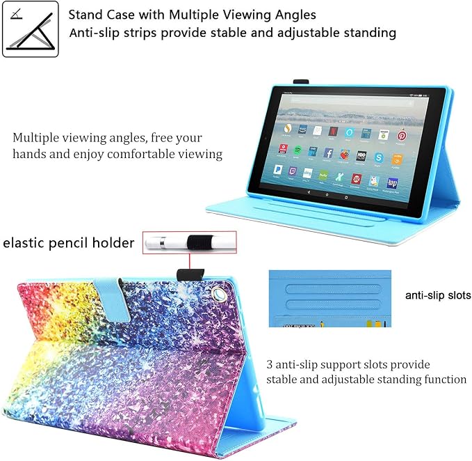 Kindle Fire HD 8 Tablet Case (8th/7th/6th Generation)Smart Stand Synthetic Leather Cover with Auto Wake/Sleep [Card &amp Pencil Holder] for 8 Amazon Fire HD 8 (2018/2017/2016) Blue Sea Beach