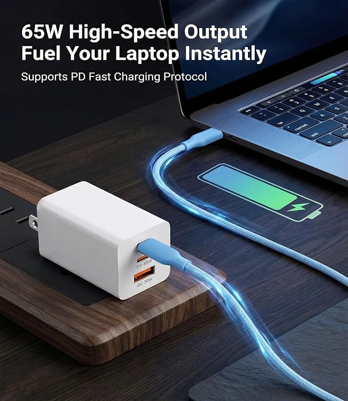 65W USB C Laptop Charger 3-Port PD Wall Charger Block with 3 Cables (2x1.2m+1x0.6m) Foldable Travel Adapter for Phone Tablet Compatible with MacBook - Blue