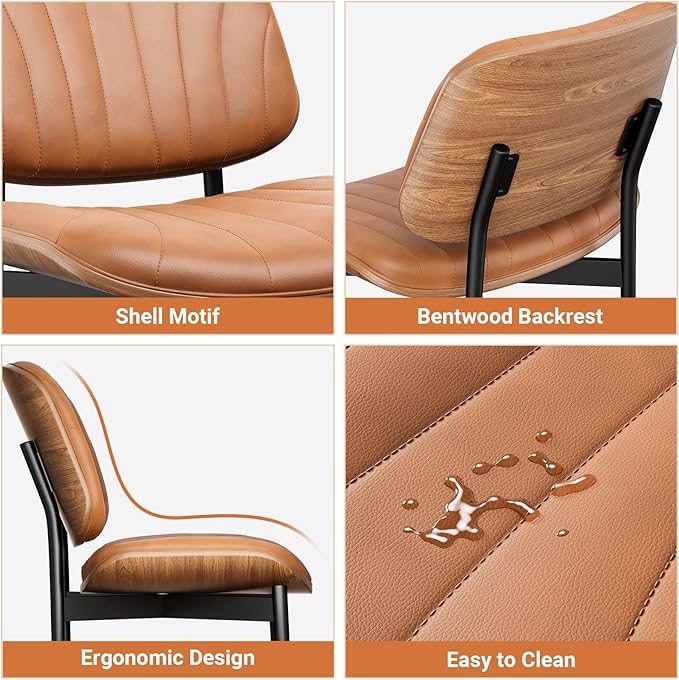 Dining Chairs Set of 4, Dining Room and Kitchen Chairs, Mid Century Modern Accent Chair, Upholstered PU Leather Chairs for Vanity with Walnut Bentwood and Metal Legs, Light Tan