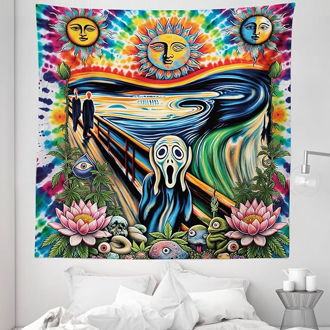 Ambesonne Trippy Tapestry Queen Size, Tie Dye Effect Esoteric Sun Moon Psychedelic the Scream Interpretation with Flowers, Wall Hanging Bedspread Bed Cover Wall Decor, 88" X 88", Multicolor