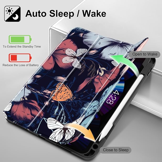 May Chen Case for iPad Pro 11 inch (4th 3rd 2nd &amp 1st Gen) 2022 2021 2020 2018 Trifold Stand + Pencil Holder + Auto Wake/Sleep + Soft TPU Protective Stand Back Cover Abstract Floral