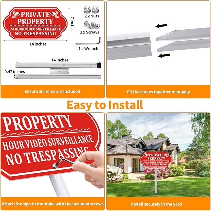 No Trespassing Signs Private Property, Video Surveillance Sign, No Trespassing Video Surveillance Signs, Aluminum Camera Signage for Property with Long Stake Easy to Install for Outdoor (2 Pack)