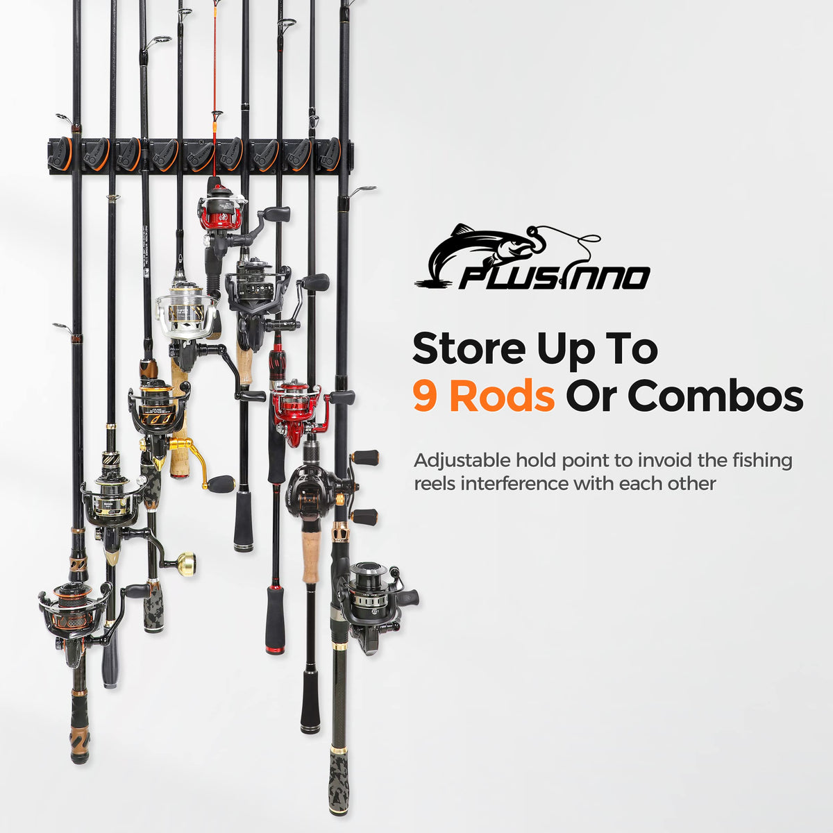 PLUSINNO V9 Vertical Fishing Rod Holders, Wall Mount 4-Pack - Holds 36 Rods, Diameter 3-19mm