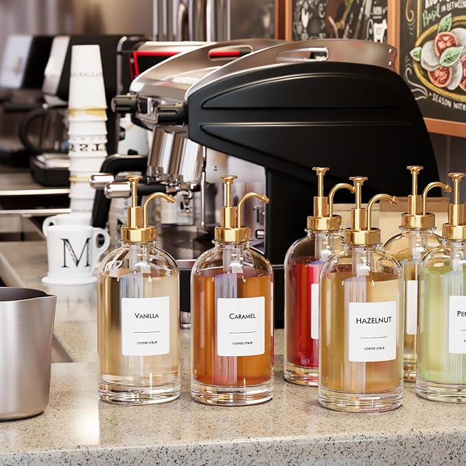 16.9 oz/500 ml Coffee Syrup Dispenser Set - 6 Glass Bottles with Gold Pumper and Syrup Labels - Precise Dispensing and Stylish Addition to Coffee Shop, Cafe or Home Bar