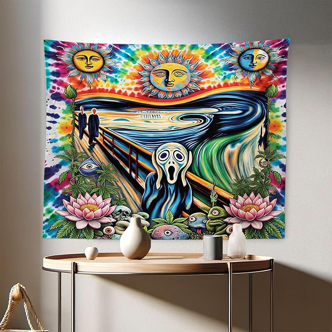 Ambesonne Trippy Tapestry, Tie Dye Effect Esoteric Sun Moon Psychedelic the Scream Interpretation with Flowers, Fabric Wall Hanging Decor for Bedroom Living Room Dorm, 28" x 23", Multicolor