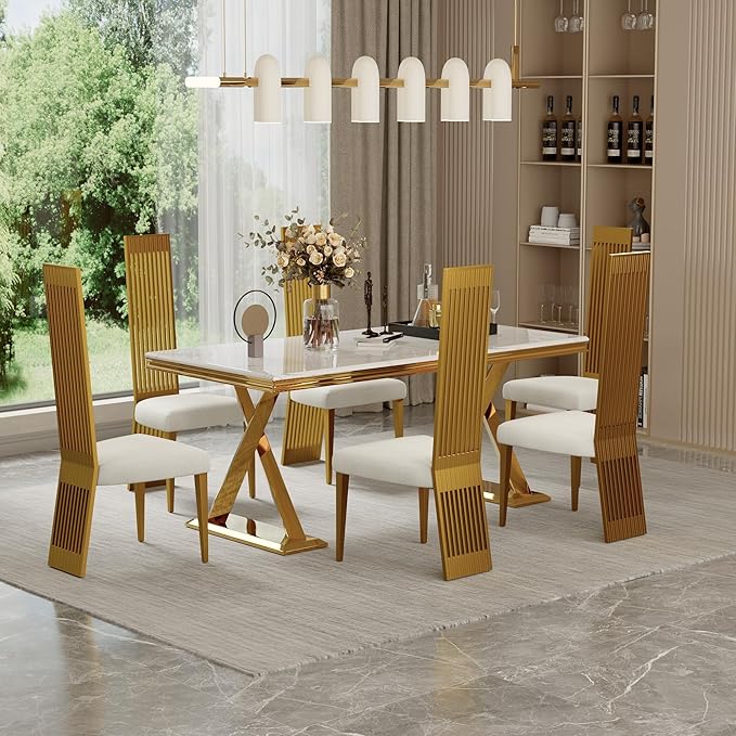 White and Gold Dining Chairs Set of 2, Upholstered High Back Dining Chairs with Brushed Stainless Steel Backrest and Legs, Modern Luxury Dining Room Chairs for Kitchen Living Room Restaurant