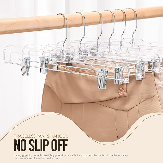 HOUSE DAY Clear Pants Hangers with Clips 12 Pack, Plastic Skirt Hangers for Women, 14 Inch Clip Hanger for Pants, Skirts, Jeans, Shorts, Legging, with 360-degree Swivel Hook, 2 Adjustable Clips