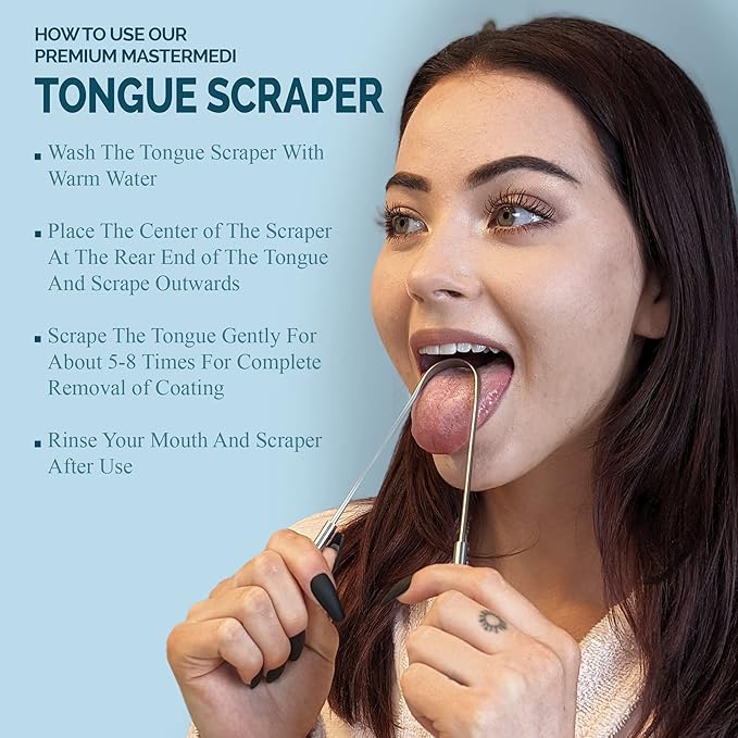 MasterMedi Tongue Cleaner Tongue Scraper Surgical Grade Stainless Steel Tongue Brush Dental Kit Professional Eliminate Bad Breath With Non-synthetic Grip (Family Pack (4 pcs)