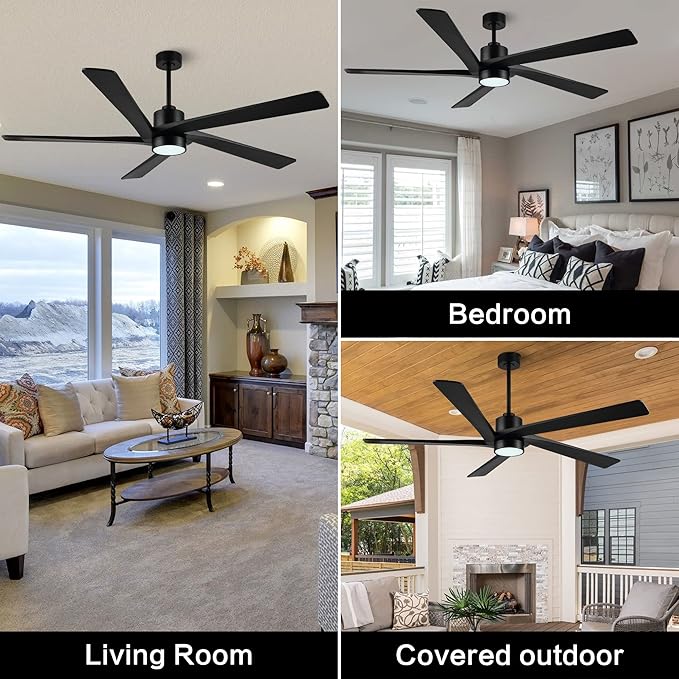WINGBO 72 Inch DC Ceiling Fan with Lights and 3 Downrods, 5 Reversible Carved Wood Blades, 6-Speed Noiseless DC Motor, Modern Ceiling Fan in Matte Black Finish, ETL Listed