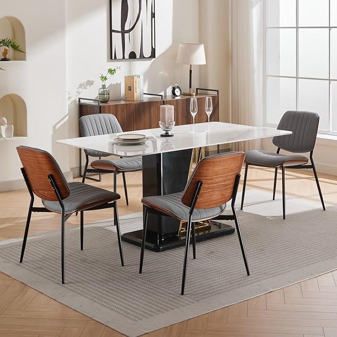Dining Chairs Set of 6, Mid Century Modern Accent Dining Room and Kitchen Chairs, Upholstered PU Leather Vertical Stripe Chairs for Vanity with Walnut Bentwood and Metal Legs, Gray