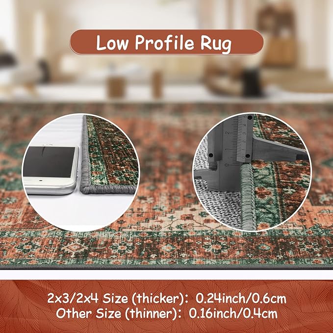 Moynesa Ultra-Thin Washable Vintage Area Rug - 5x7 Large Boho Non-Slip Rug for Bedroom Living Room Oriental Medallion Non-Shedding Print Floor Carpet for Dining Room Home, Brick Red/Dull Teal