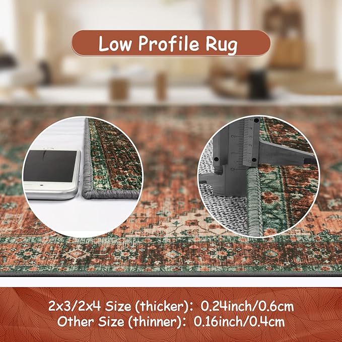 Moynesa Ultra-Thin Vintage Area Rug - 6x9 Washable Bedroom Rug Large Living Room Rug Non-Slip Dining Room Mat, Oriental Printed Low Pile Nursery Carpet for Office Kitchen Entryway, Brick Red/Dull Teal