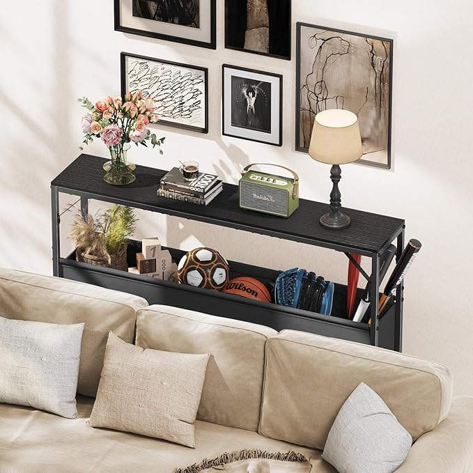 Narrow Console Table with Storage Basket, 47.2'' Behind The Couch Table, Entryway Table, Skinny Console Table, Small Sofa Table, Display Table for Hallway, Foyer, Living Room, Black