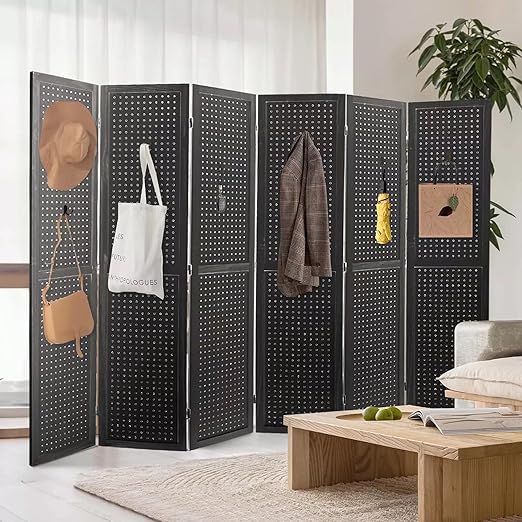 Babion 6 Panel Pegboard Display, Peg Board Room Divider Freestanding Folding Privacy Screens Display Stand for Craft Shows (Black)