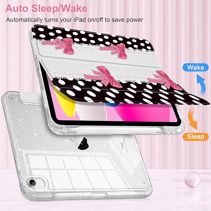 MEEgoodo Case for iPad A16 11th Generation 2025/10th Generation 2022 Glitter Tablet Cases with Transparent Acrylic Back+Trifold Stand +Pencil Holder+Auto Wake/SleepAbstract Sun &amp Palm Tree