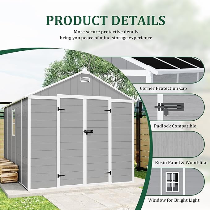 8x8 FT Outdoor Storage Resin Shed with Floor,Waterproof Plastic Garden Bike Shed with Lockable Door, Sloped Roof, Vents & Windows, Easy Assembly Tool Shed for Lawn, Backyard, Patio, Grey