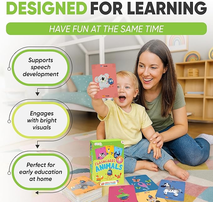 Kidrox Animals Flash Cards, English Learning Cards with Spanish Translations Included, Indestructible Double-Sided, 30 Cards