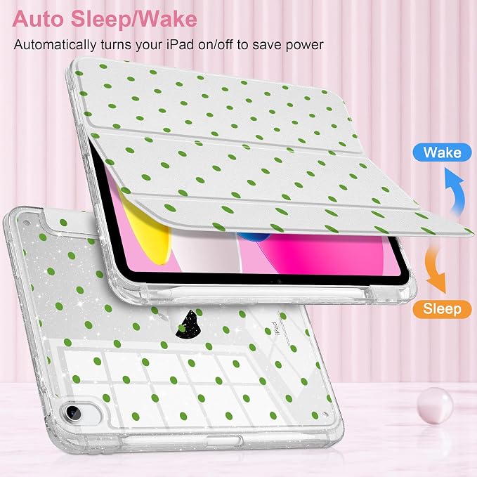 MEEgoodo Case for iPad A16 11th Generation 2025/10th Generation 2022 Glitter Tablet Cases with Transparent Acrylic Back+Trifold Stand +Pencil Holder+Auto Wake/SleepAbstract Sun &amp Palm Tree