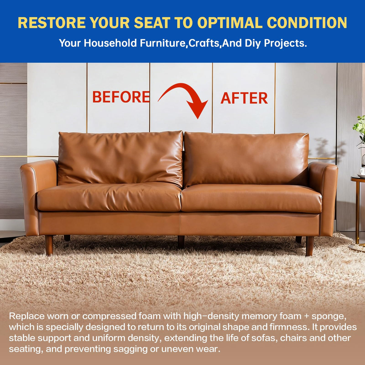 Tohetsuzp High Density Upholstery Foam Cushion - 2" Thick x 24" x 72", Gel Memory Foam Support Padding for Seat Cushion Replacement, DIY Projects, Sofa Mattress Support