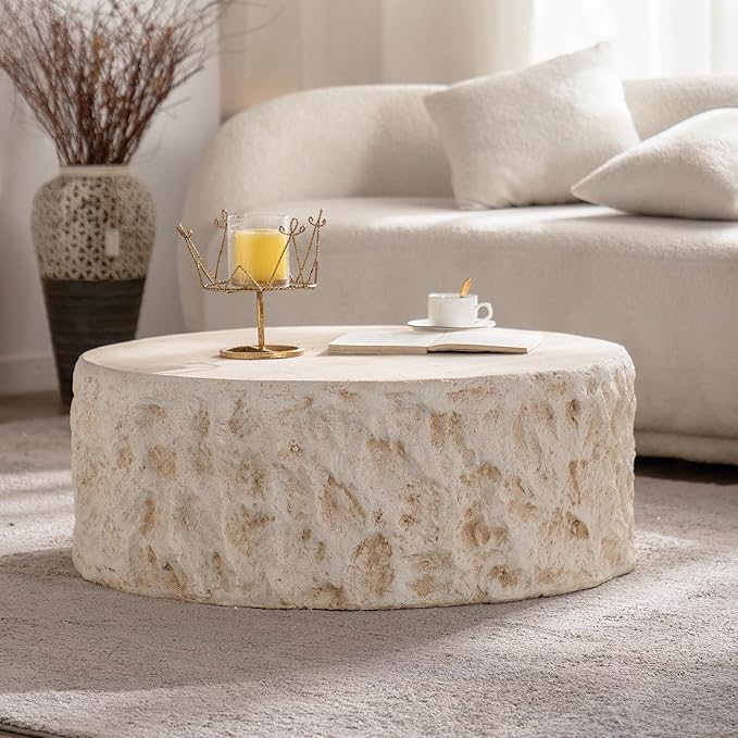 31.49" MgO Round Centre Coffee Table Vintage Faux Stone Sofa Pre-Modern Coffee Tables for Living Room Office Apartment,Amber