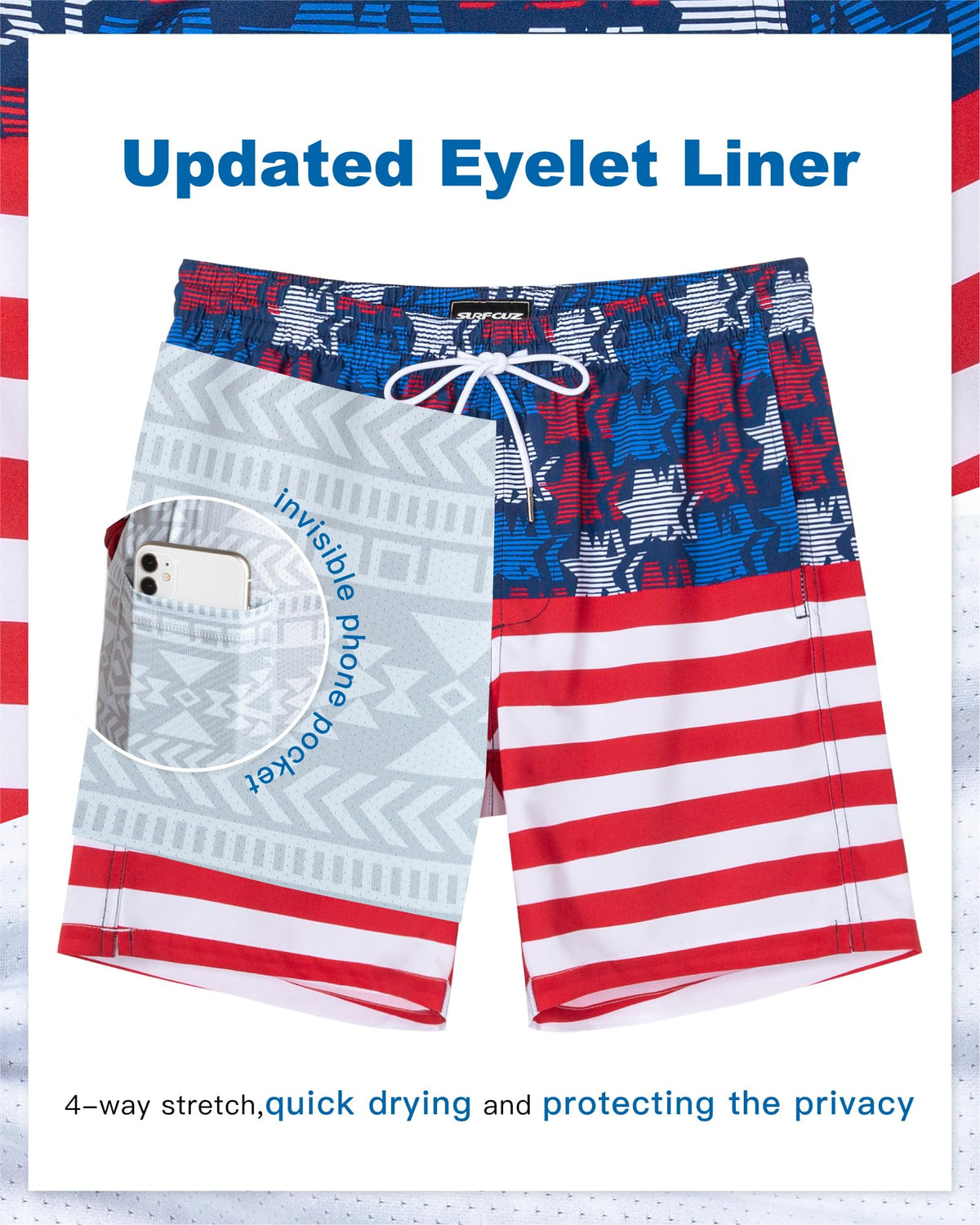 SURF CUZ Mens Swim Trunks with Compression Liner Quick Dry Swim Shorts 7" Swimming Trunks Stretch Bathing Suit 7 Inch,American Flag,XL