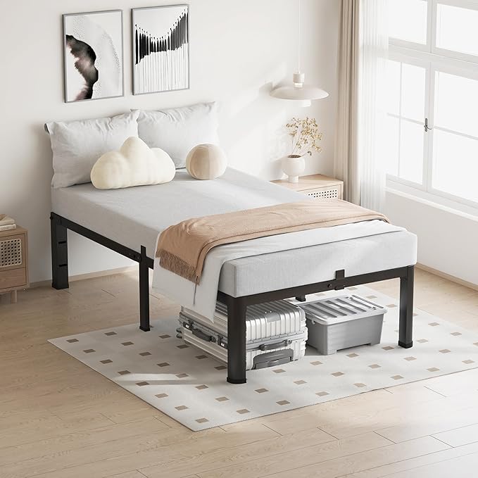 18 Inch Twin Size Bed Frame, 3500Lbs Heavy Duty Metal Platform with Round Corner Legs Mattress Slide Stopper, Steel Slat Support No Box Spring Needed, Noise Free, Non-Slip, Easy Assembly