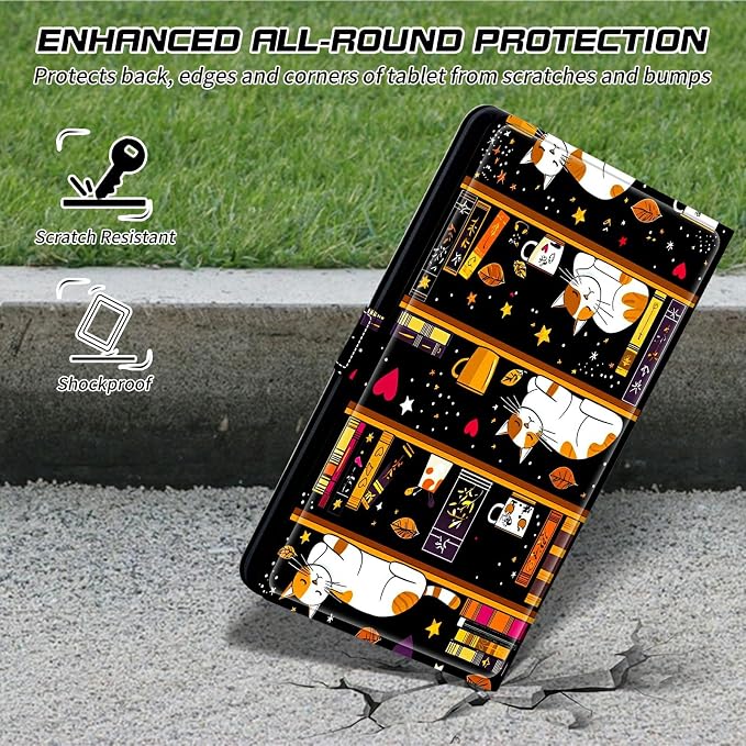 for Walmart Onn 10.1 2024 Onn 10.1 Gen 4 Universal Tablet Case 360 Degree Rotating Kickstand Protective Stand Case with Multiple Viewing PU Leather Shell Case Black Book Cat