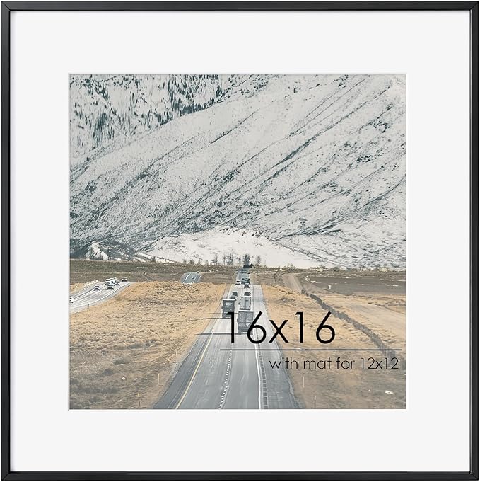 16x16 Metal Square Picture Frame For Wall With Mat For 12x12, 16''x16'' Aluminum Photo Frames With Tempered Glass For Home Decor, Minimalist Modern Poster Frame Horizontally Vertically, Black