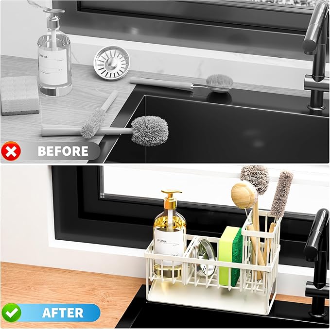Cisily Off White Sponge Holder for Kitchen Sink, Sink Caddy Organizer with High Brush Holder, Kitchen Countertop Rustproof 304 Stainless Steel, Soap Dispenser Kitchen Organizers and Storage Essentials
