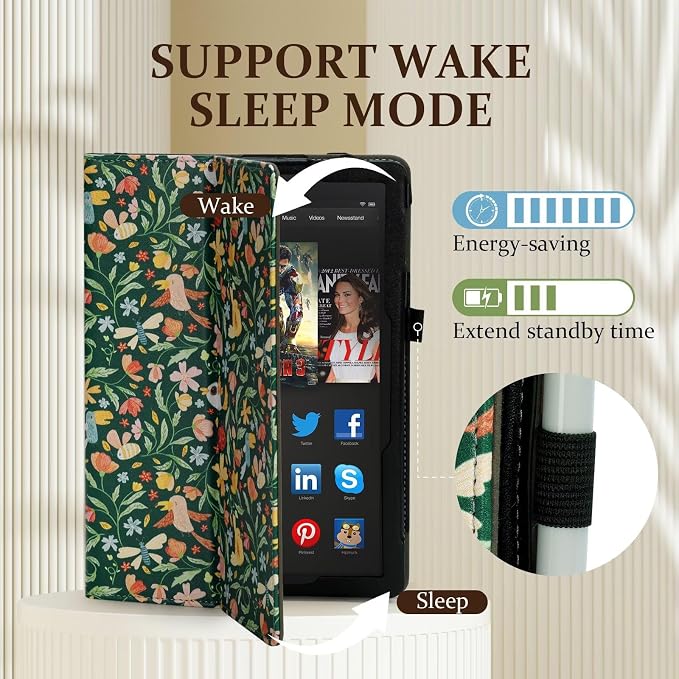 Fancity Case for Kindle Fire HD 10/10 Plus 13th/11th Generation 2023/2021 | Premium PU Leather Protective Case with Adjustable Angles Auto Wake/Sleep Hand Strap for Fire HD 10/10 Plus Black Floral