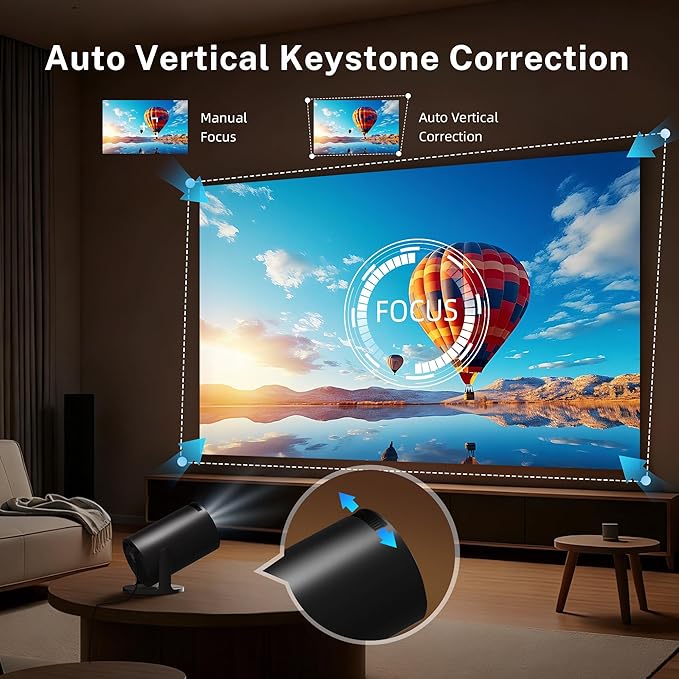 Mini Projector with WiFi 6 and Bluetooth 5.4 Built-in Android 11, 1080P 4K Support Portable Projector, Auto Vertical Keystone, LYNCAST 180° Rotatable Projector for Home,Outdoor OptiBarrel 500 Black