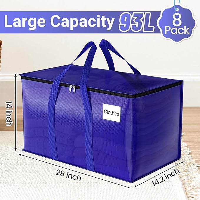 FabSpace 8 Pack Moving Storage Bags Heavy-Duty with Zippers and Reinforced Handles, Moving Supplies Packing Boxes for Moving, Storing, Saving Space, Blue Plastic Storage Totes 93 L(24 Gallon)