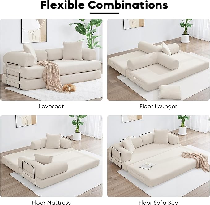 Convertible Sleeper Sofa Bed with Cylindrical Pillow, Corduroy Folding Mattress Couch with Fixed-Shape Frame, Floor Sofa Lounge Couch for Living Room Bedroom Lounge Studio, Beige
