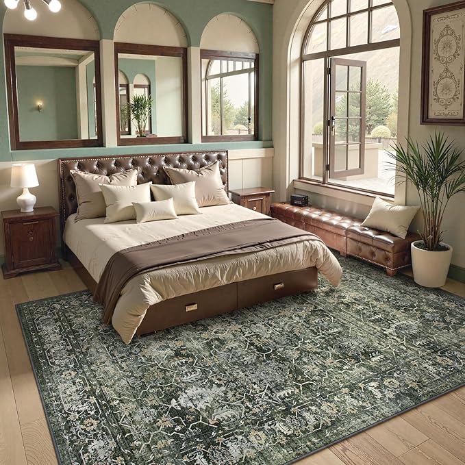 Lahome 6x9 Boho Green Area Rugs Washable Rugs for Living Room,Large Rugs for Bedroom Aesthetic,Distressed Non Slip Low Pile Dining Room Rug Carpet for Home Office Playroom(6'x9',Green)