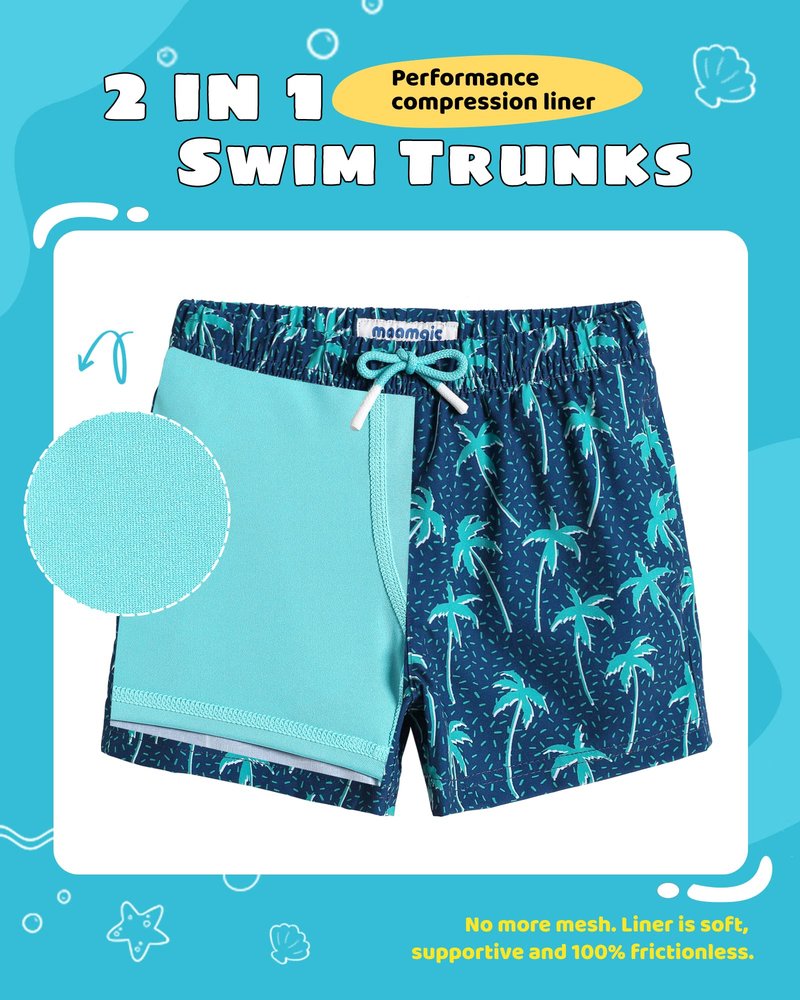 maamgic Boys Swim Trunks with Compression Liner Toddler Stretch Swim Shorts Quick Dry Swimming Trunks Boxer Brief 2 in 1 Beach Shorts Navy Blue Coconut 8