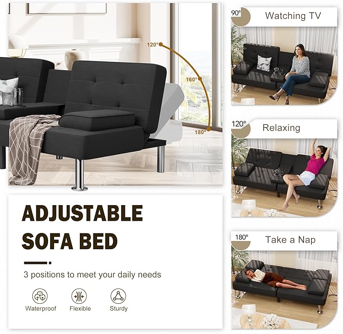 Shahoo Modern Linen Upholstered Convertible Folding Futon Sofa Bed with Removable Armrests, Metal Legs, 2 Cup Holders for Living Room, Black