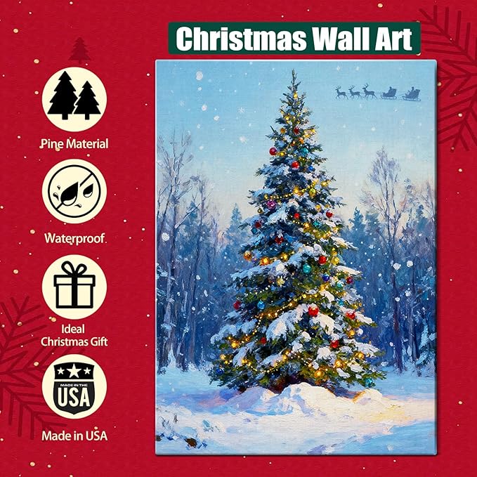 Snowy Christmas Tree Canvas Wall Art - Winter Wonderland Landscape Framed Canvas Prints for Home Office, Festive Christmas Wall Art Ready to Hang, Ideal Christmas Gifts & Holiday Decorations
