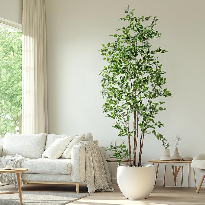 Artificial Ficus Tree Indoor 8ft, Large Potted Faux Tree with Realistic Silk Leaves & Trunk for Home Office, Living Room Corner Decor