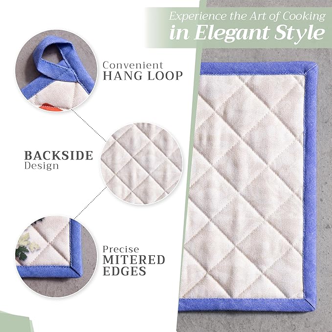 Maison d' Hermine Pot Holders 100% Cotton Heat Resistant Potholders 8" x 8" Hot Pads with Loop BBQ, Cooking, Baking, Grilling, Kitchen, Handling Hot Pans Spring/Summer (Pack of 1, Gourmand)