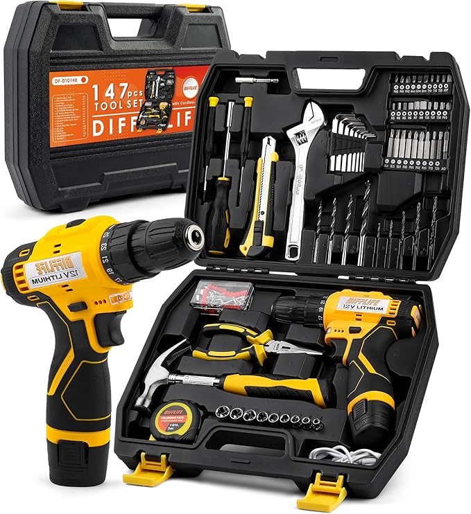 12V Drill Driver Power Tool Combo Kits with Cordless Drill, Professional Household Home Tool Kit Set, DIY Hand Tool Kits for Garden Office House Repair Yellow