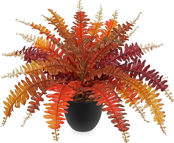 Hollyone Fake Boston Fern in Pot Fall Faux Fern Medium Potted Plant Medium Autumn Decor Plants Outdoor Indoor Autumn Boston Ferns Artificial Plants for Patio Garden Farmhouse Fall Decorations for Home