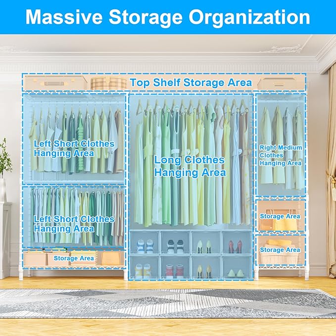 Ulif E10 Clothes Rack（With Stretchable Hanger Rod）Freestanding Clothing Racks for Hanging Clothes，Adjustable Closet Organizer System，Portable Garment Rack 73-97"W x 15" D x 72" H，Max Load 800LBS，White
