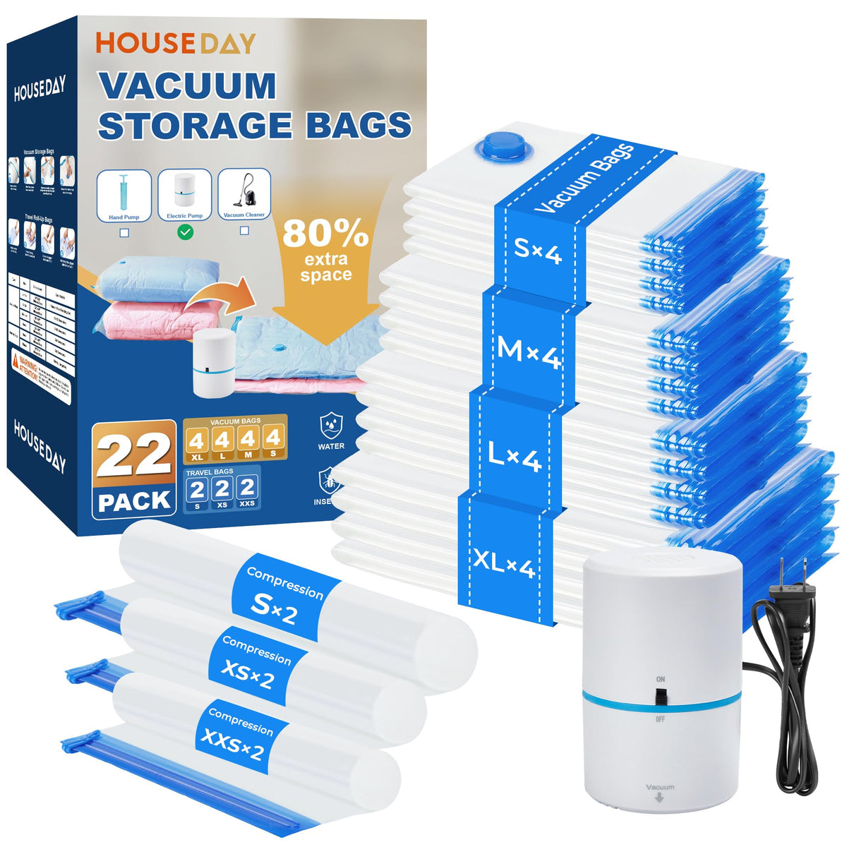 HOUSE DAY 22 Pack Vacuum Storage Bags with Pump,Space Saving Vacuum Seal Bags For Clothing Travel,4 Jumbo/4 Large/4 Medium/4 Small, 2S/2XS/2XXS Roll Up Bags, Hand Pump Included, Sealer Clothes Storage