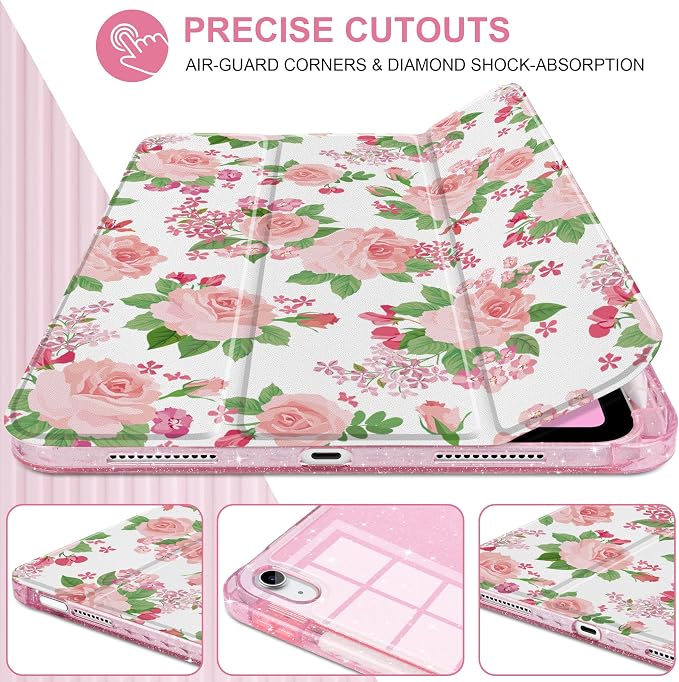 MEEgoodo Case for iPad A16 11th Generation 2025/10th Generation 2022 Glitter Tablet Cases with Transparent Acrylic Back+Trifold Stand +Pencil Holder+Auto Wake/SleepAbstract Sun &amp Palm Tree