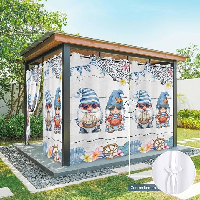 Ocean Gnome Outdoor Curtains for Patio Summer Marine Plumeria Shell Wooden