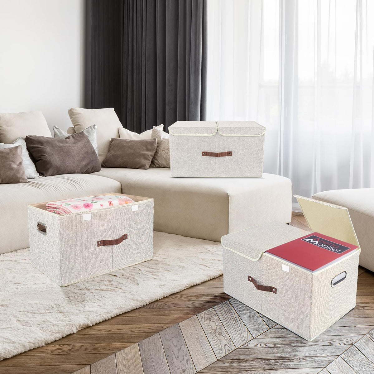 TYEERS Extra Large Collapsible Storage Bins with Lids and Compartments, Washable, Fabric Storage Boxes, 21.7x13x11.8 inches, 2 Pack, Beige