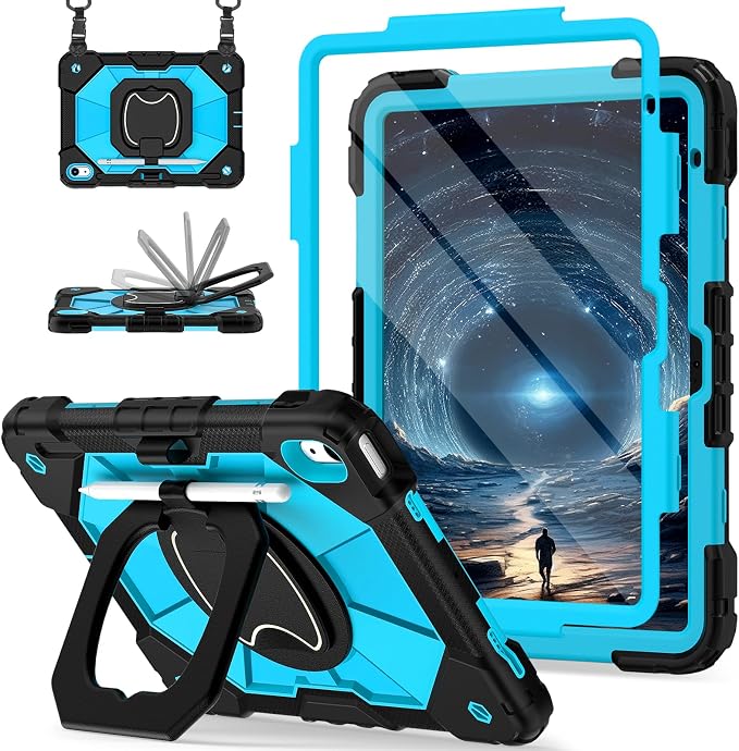 Scnioy Case for iPad (A16) 11th Generation 11 Inch (2025) / iPad 10th Generation Case 10.9 Inch (2022) with 360° Rotating Stand Screen Protector Pen Holder Shoulder Strap Black