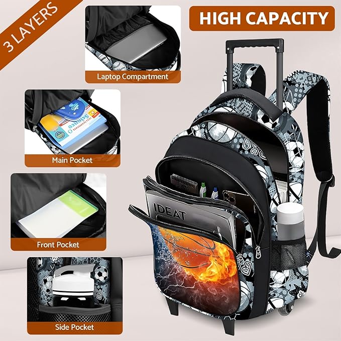 Boys Rolling Backpack for Kids - Basketball Kids Rolling Backpack with Wheels for Elementary Middle School Students - Sport Roller School Bookbag Aged 6-18, Wheeled Travel Bag Large Capacity