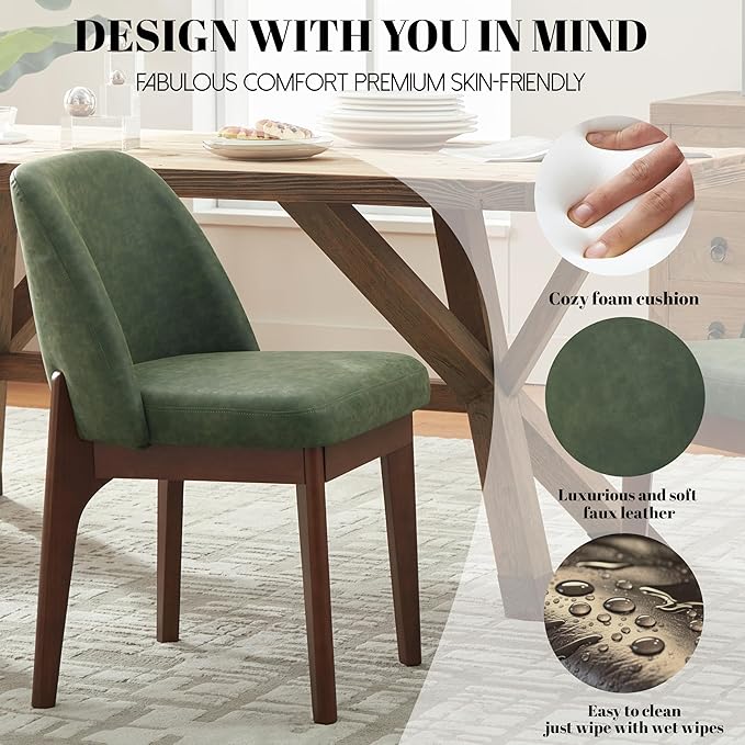 VKNOW Modern Dining Chairs Set of 6, Faux Leather Kitchen Chairs with Wood Legs, Upholstered Side Chair for Kitchen Dining Room, Green