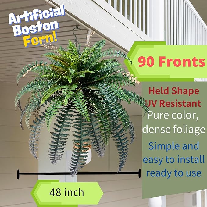 90 Branches Giant Artificial Boston Ferns for Outdoors Large –UV Resistant Lifelike Faux Fern, Realistic Silk Greenery Plants Large Office, Home Decor,48 Inch Fake Fern Leaf Green.No Base.